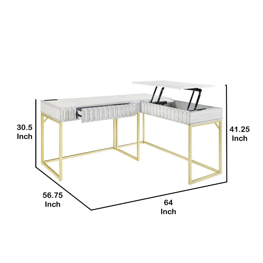 Fredie Corner Desk w Lift-Top USB Port | Gold Frame | Antique White