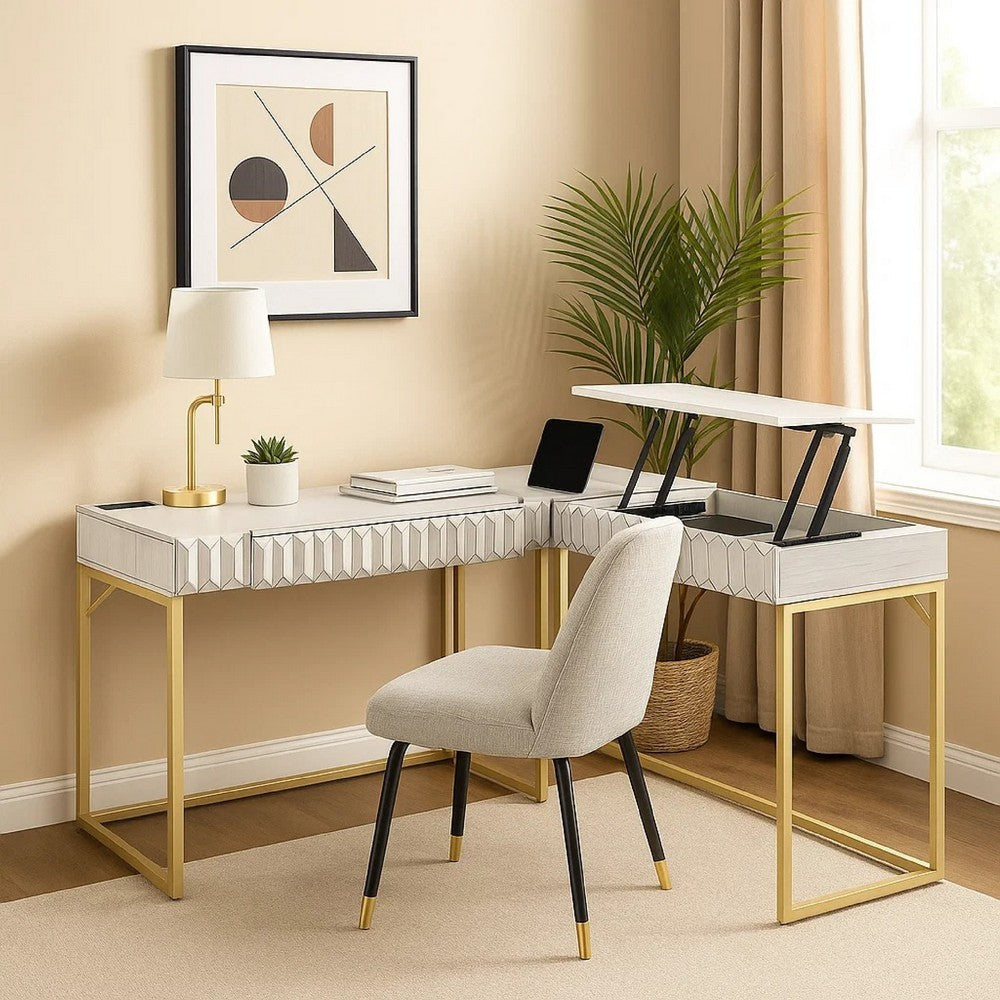 Fredie Corner Desk w Lift-Top USB Port | Gold Frame | Antique White
