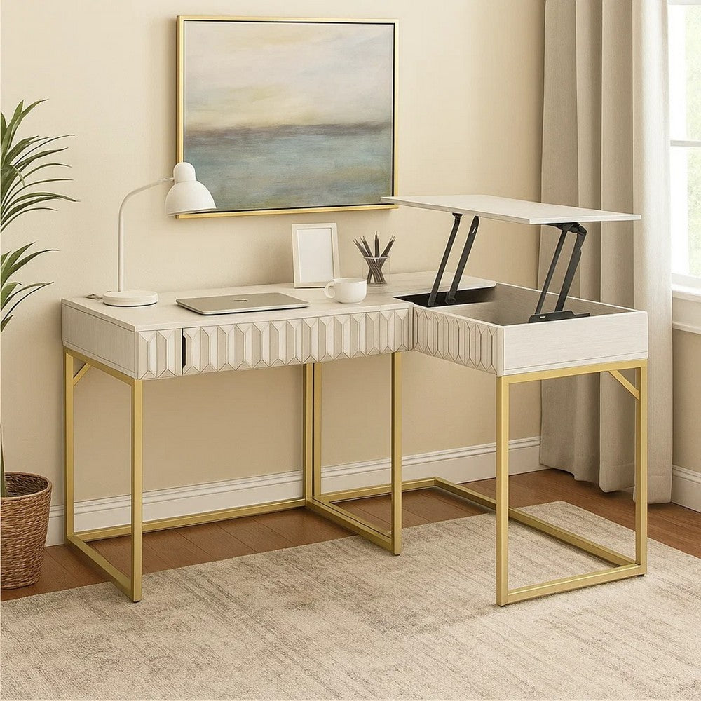 Fredie Corner Desk w Lift-Top USB Port | Gold Frame | Antique White