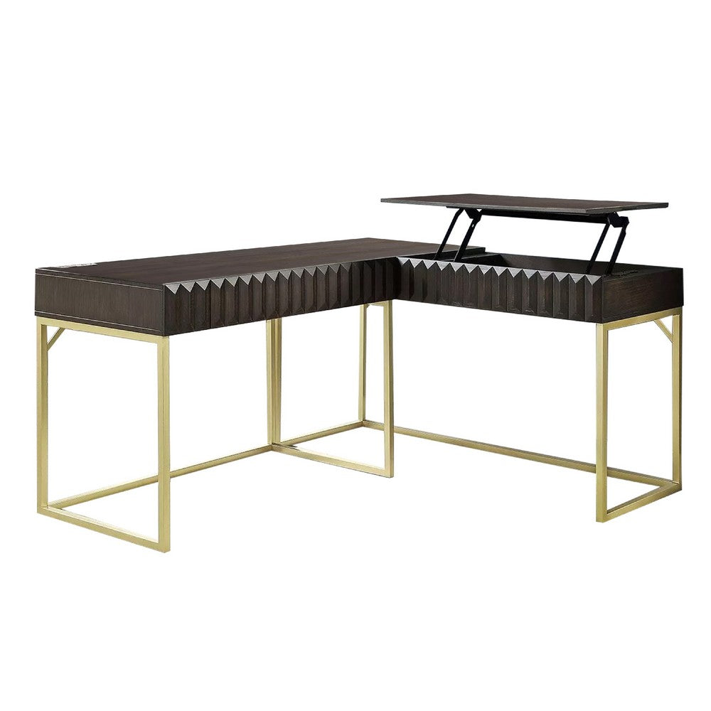 Fredie Corner Desk w Lift-Top USB Port | Gold Frame | Walnut Brown