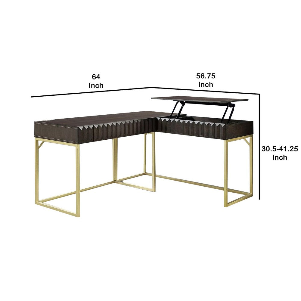 Fredie Corner Desk w Lift-Top USB Port | Gold Frame | Walnut Brown