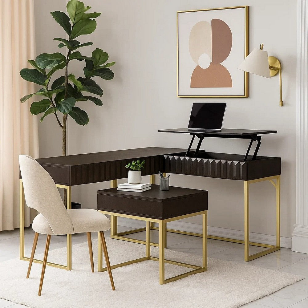 Fredie Corner Desk w Lift-Top USB Port | Gold Frame | Walnut Brown