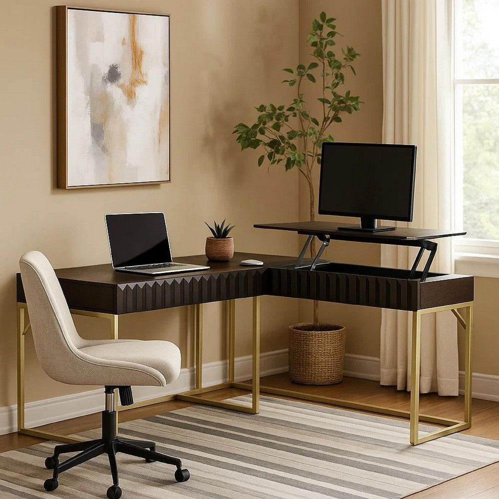 Fredie Corner Desk w Lift-Top USB Port | Gold Frame | Walnut Brown