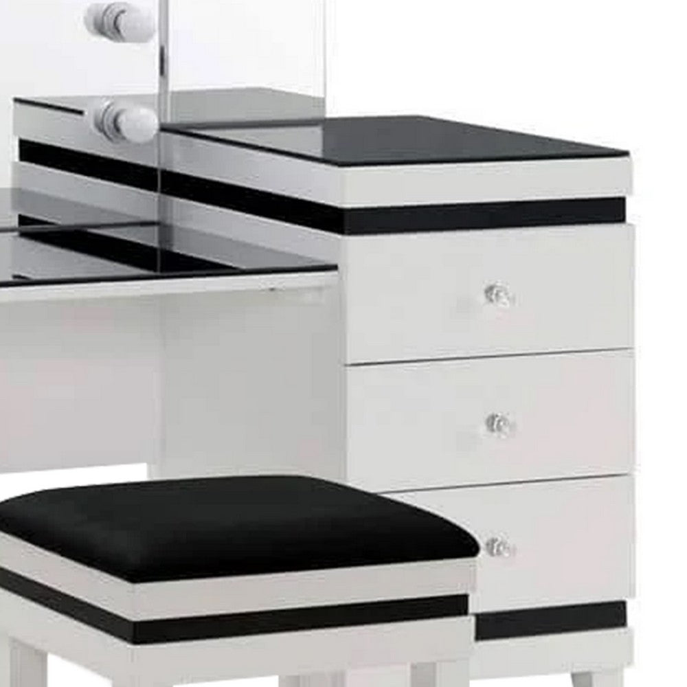 Denna Vanity Set w Stool | Tri-Fold Lighted Mirror | Black Glass Table