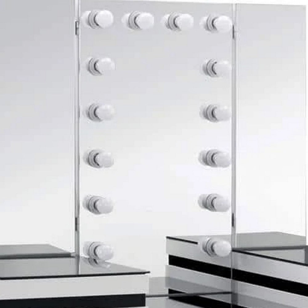 Denna Vanity Set w Stool | Tri-Fold Lighted Mirror | Black Glass Table