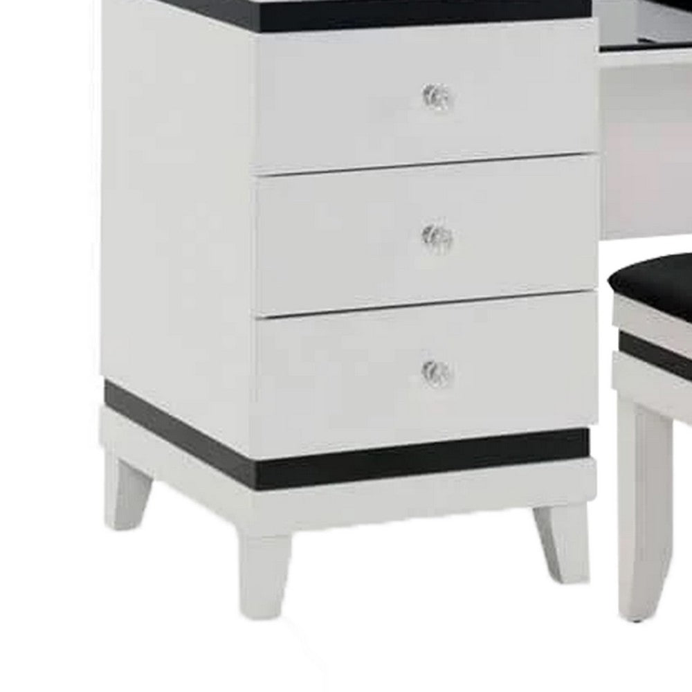 Denna Vanity Set w Stool | Tri-Fold Lighted Mirror | Black Glass Table