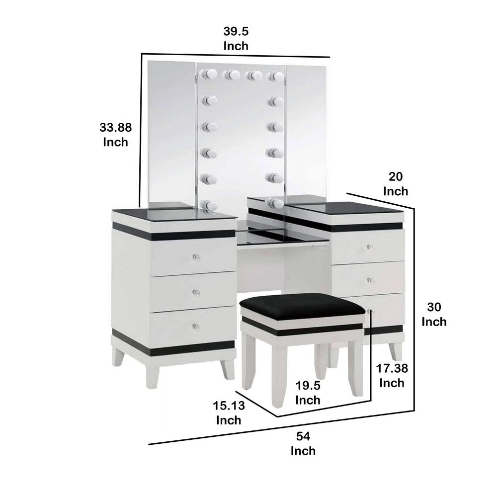 Denna Vanity Set w Stool | Tri-Fold Lighted Mirror | Black Glass Table