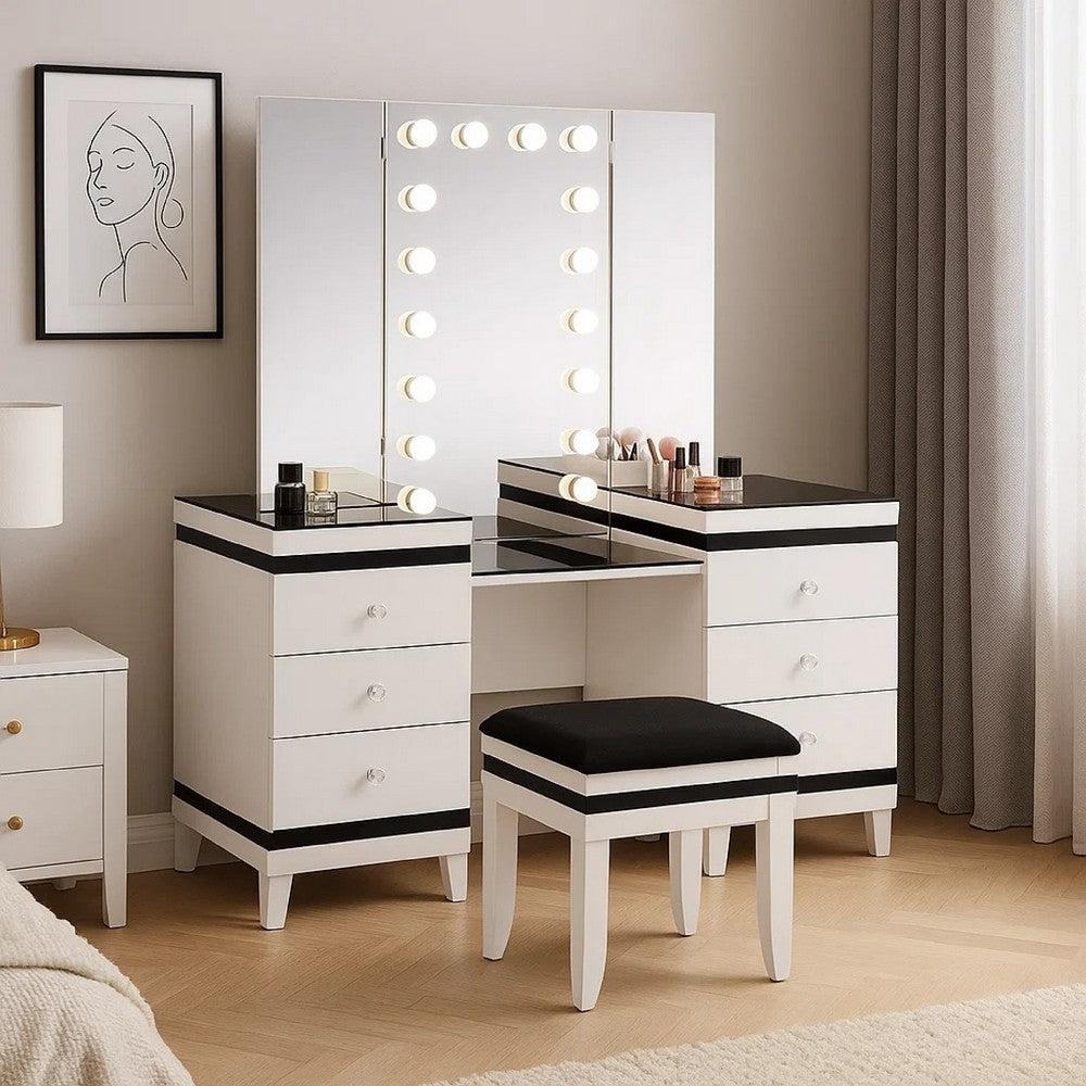 Denna Vanity Set w Stool | Tri-Fold Lighted Mirror | Black Glass Table