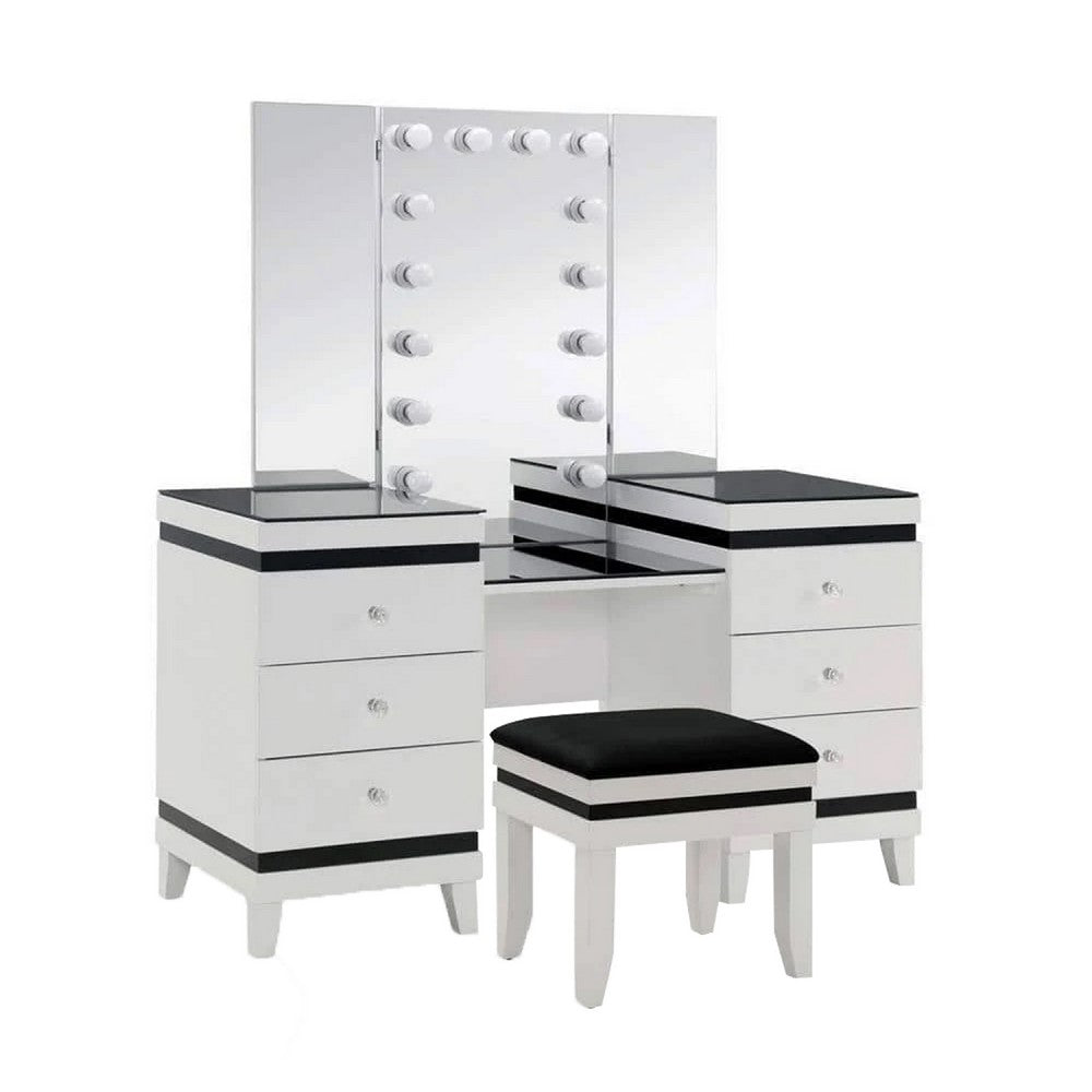 Denna Vanity Set w Stool | Tri-Fold Lighted Mirror | Black Glass Table