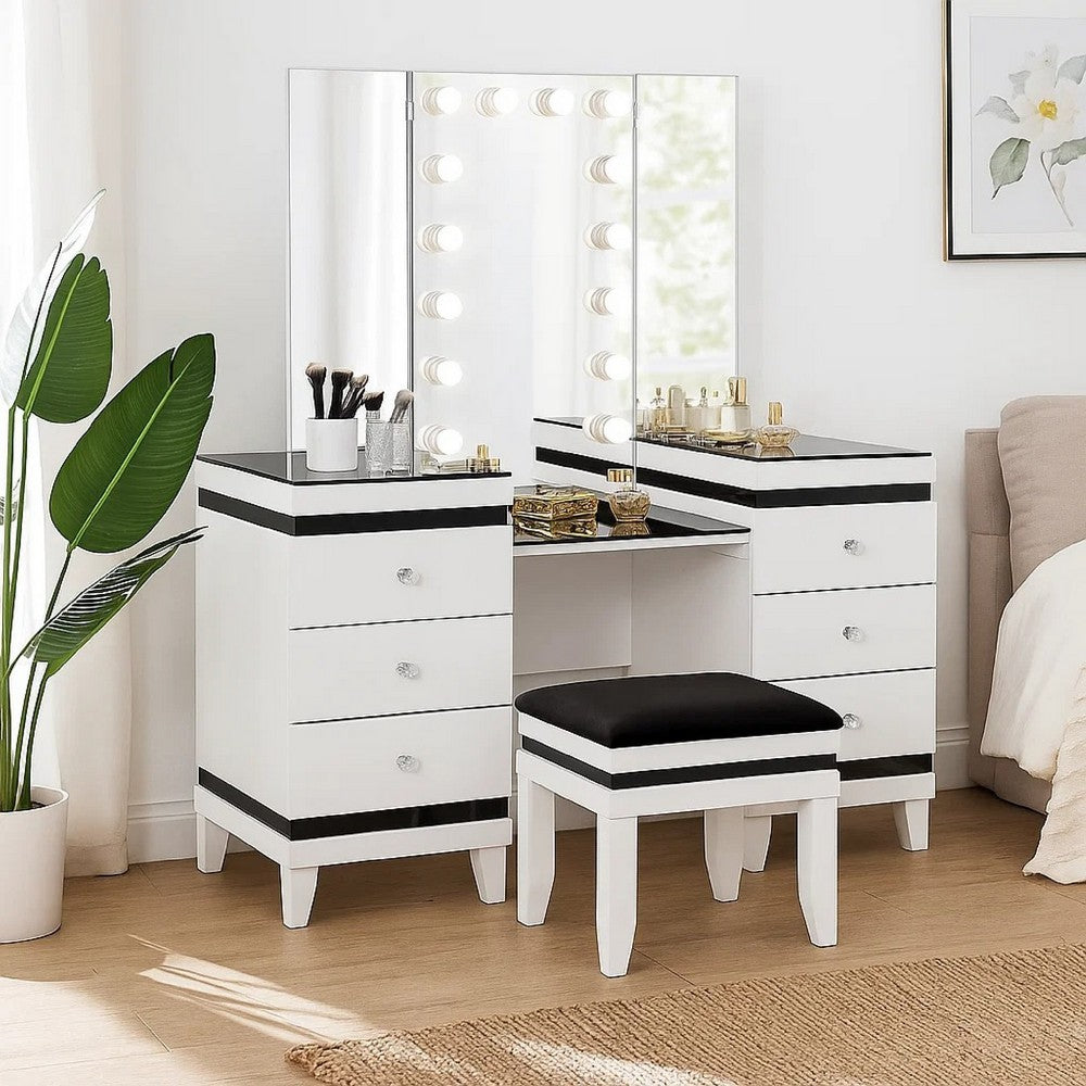 Denna Vanity Set w Stool | Tri-Fold Lighted Mirror | Black Glass Table