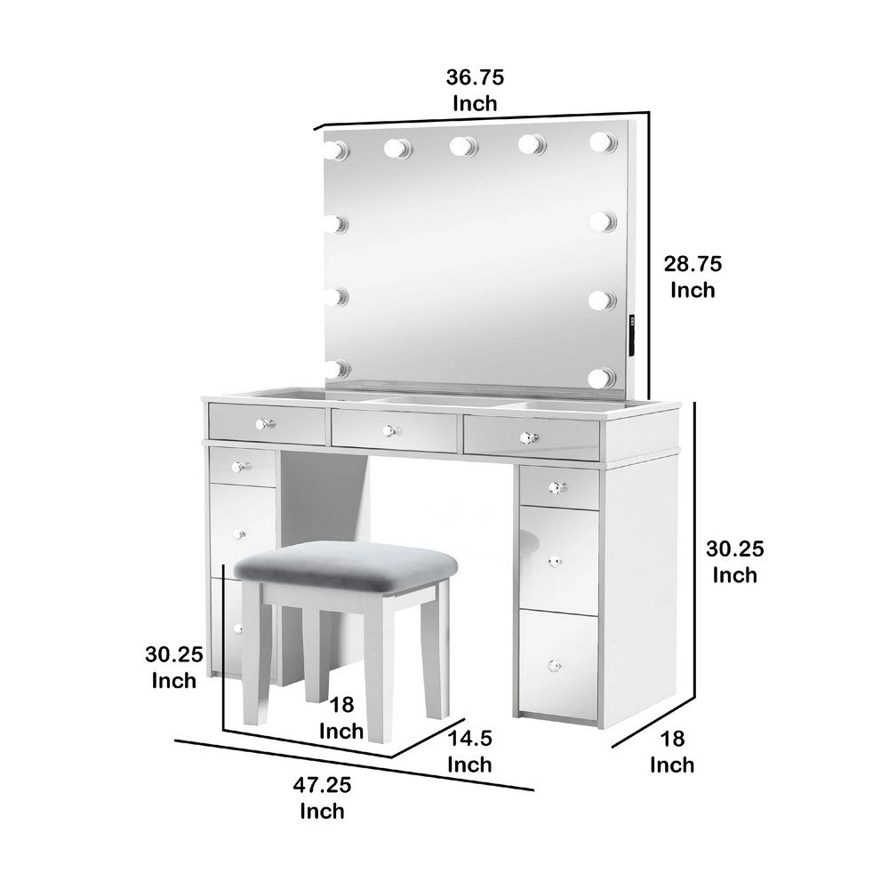 Margo Vanity Set w Lighted Mirror & Padded Stool | White-Gray