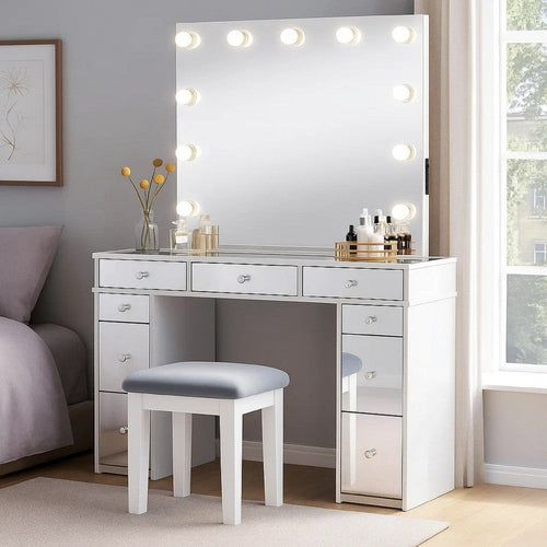 Margo Vanity Set w Lighted Mirror & Padded Stool | White-Gray