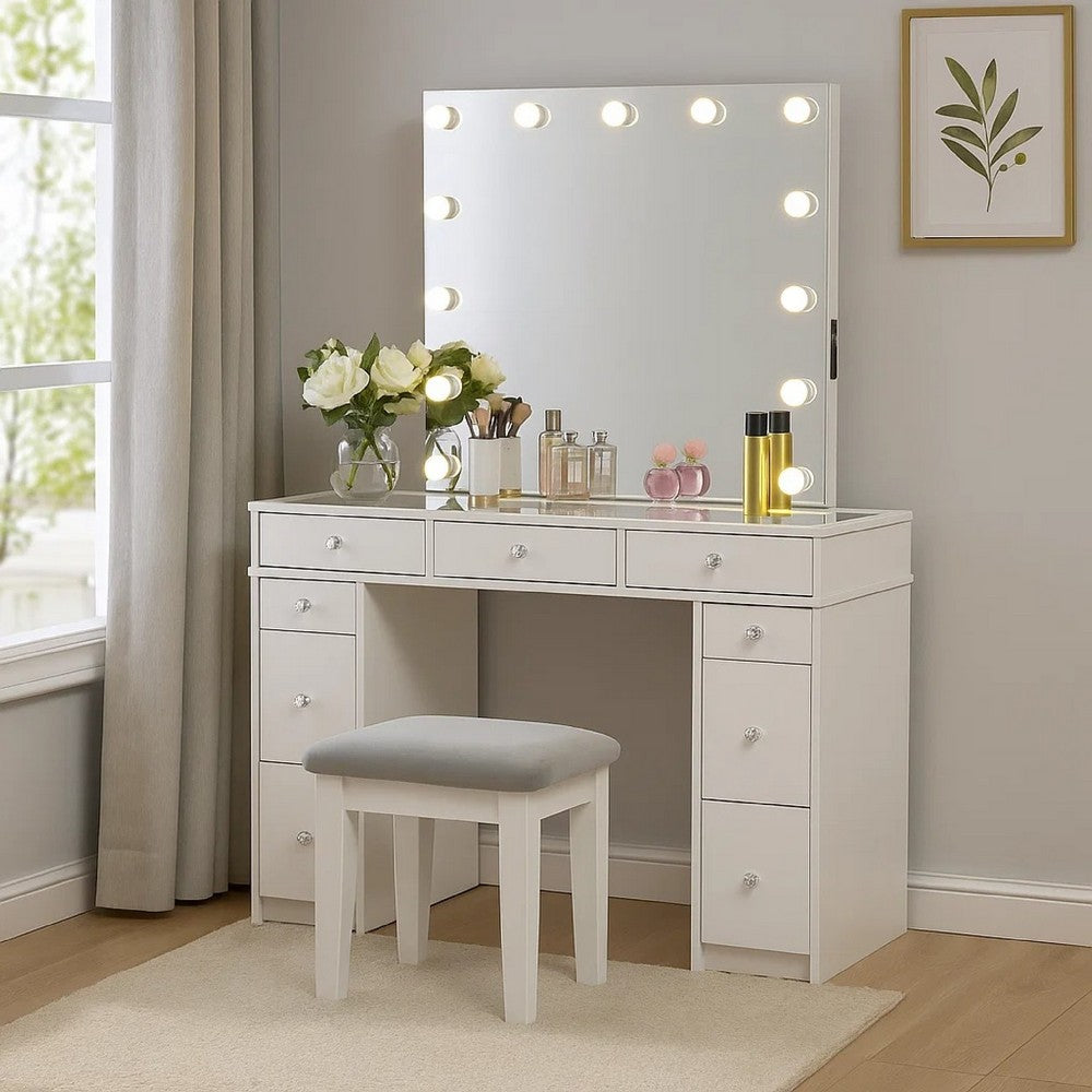 Margo Vanity Set w Lighted Mirror & Padded Stool | White-Gray