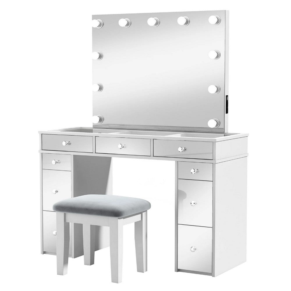 Margo Vanity Set w Lighted Mirror & Padded Stool | White-Gray