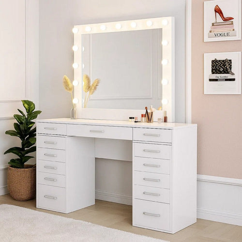 Sheila Vanity Set with Lighted Mirror, Multiple Drawers, White Wood