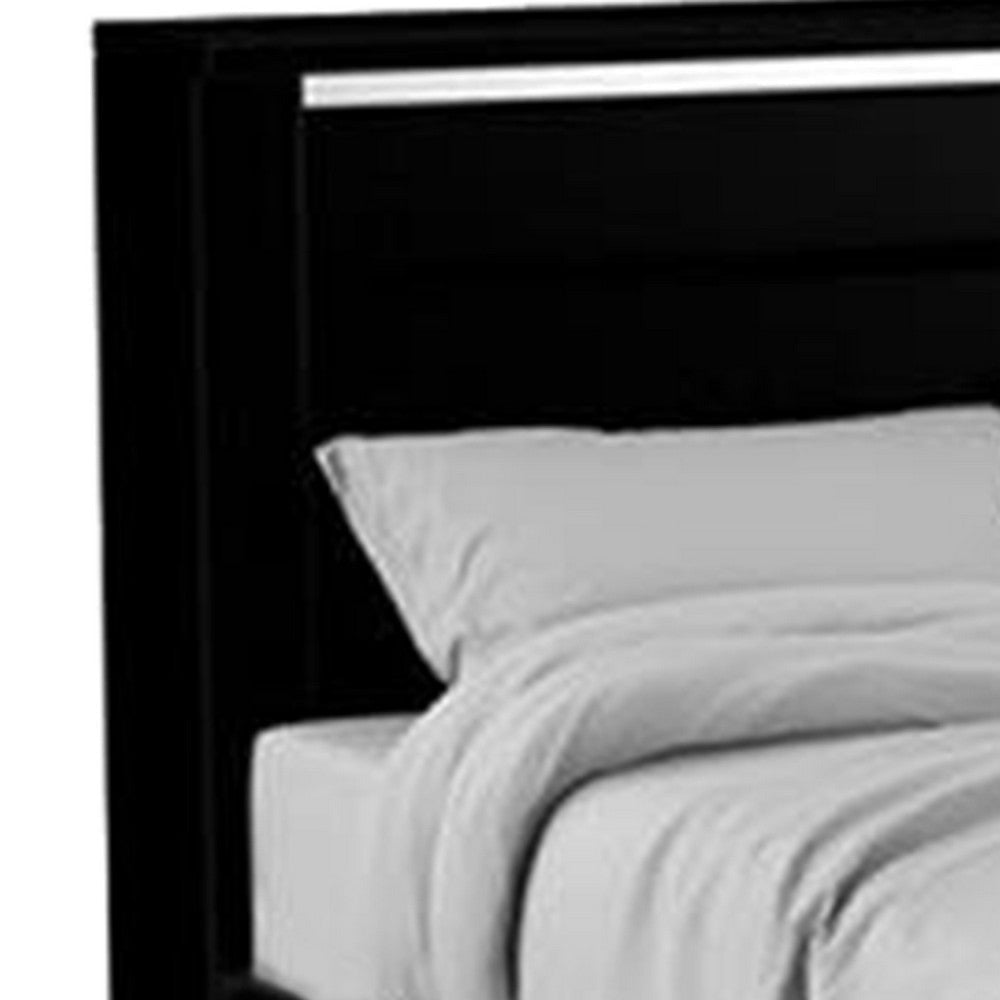 Cari King Size Bed w LED Lit Bookcase Shelf | Black & Chrome | Solid Wood BM342564
