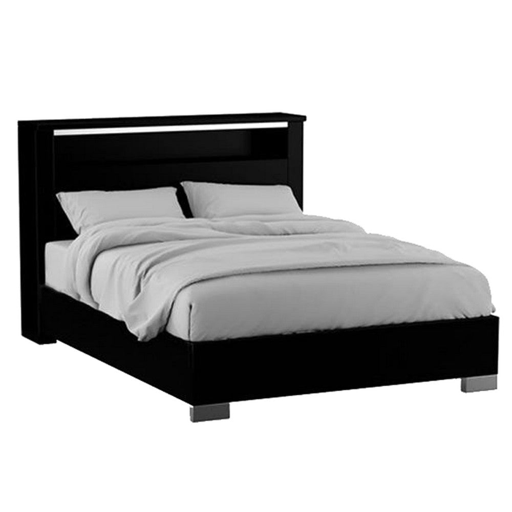 Cari King Size Bed w LED Lit Bookcase Shelf | Black & Chrome | Solid Wood BM342564
