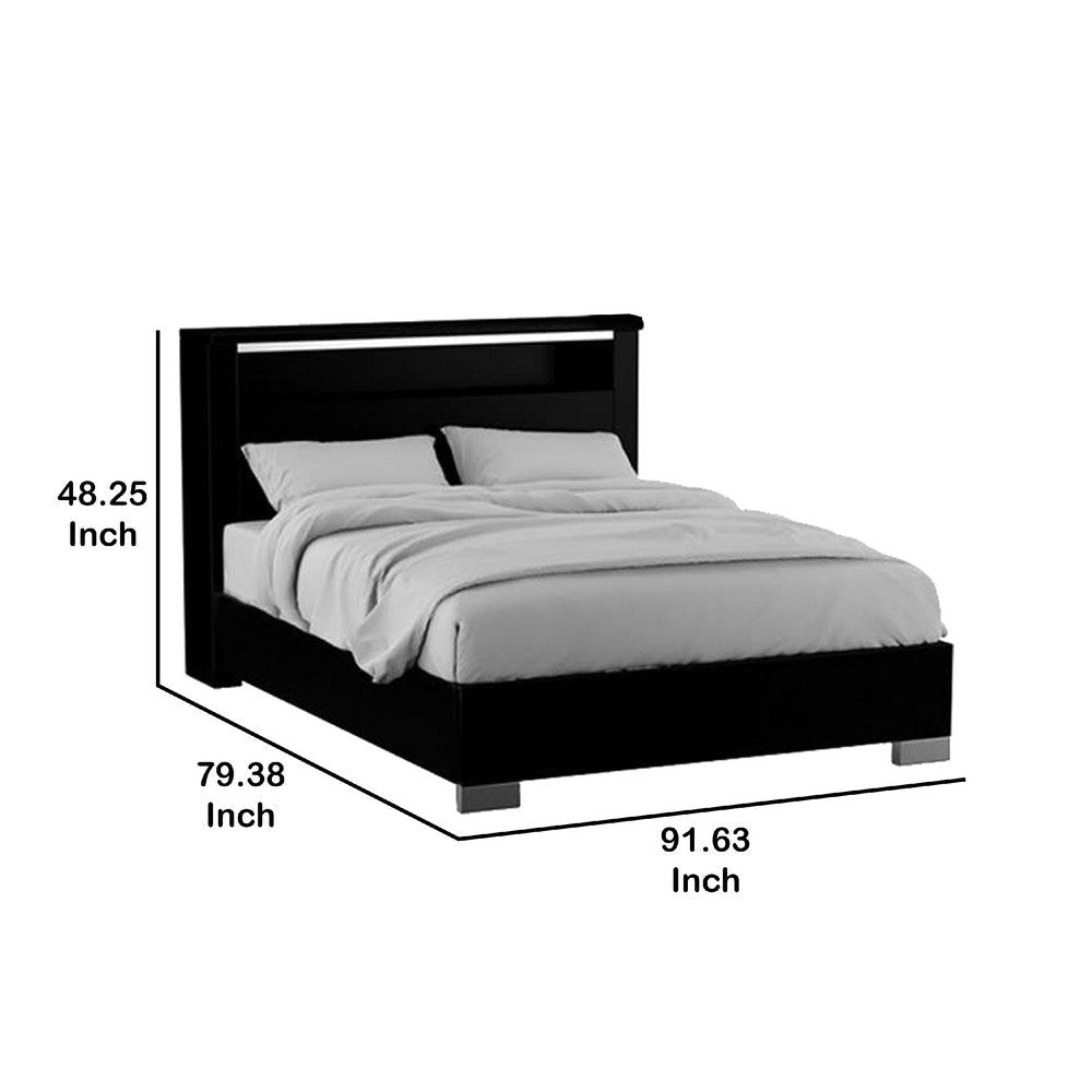 Cari King Size Bed w LED Lit Bookcase Shelf | Black & Chrome | Solid Wood BM342564