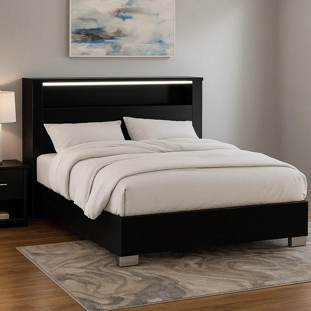 Cari King Size Bed w LED Lit Bookcase Shelf | Black & Chrome | Solid Wood BM342564