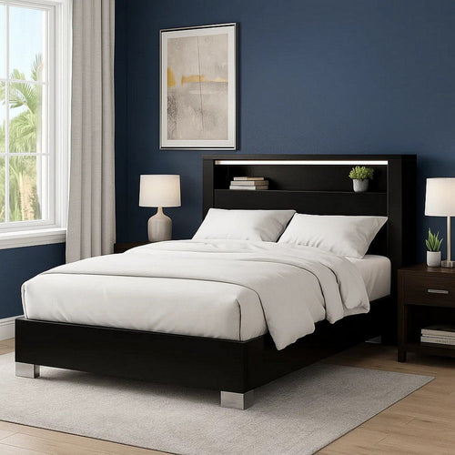 Cari King Size Bed w LED Lit Bookcase Shelf | Black & Chrome | Solid Wood