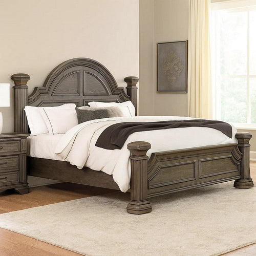 Akia King Bed | Gray Solid Wood | Classic Reeded Posts | Molded Trim