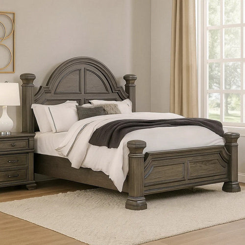 Akia Queen Bed | Gray Solid Wood | Classic Reeded Posts | Molded Trim