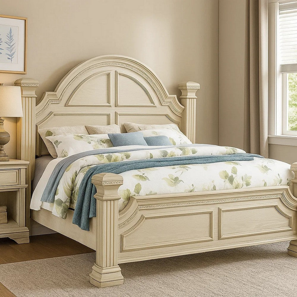 Akia King Bed | Antique White Solid Wood | Reeded Posts | Molded Trim BM342567