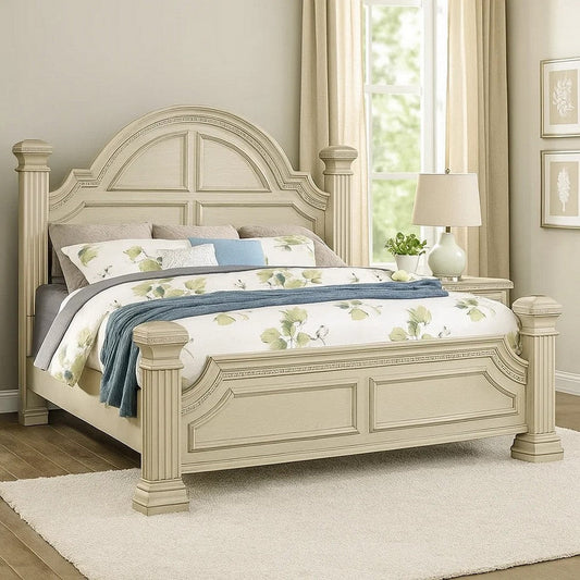 Akia King Bed | Antique White Solid Wood | Reeded Posts | Molded Trim