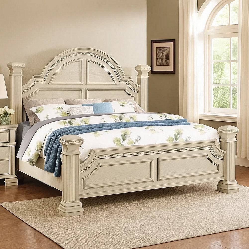 Akia Queen Bed | Antique White Solid Wood | Reeded Posts | Molded Trim BM342568