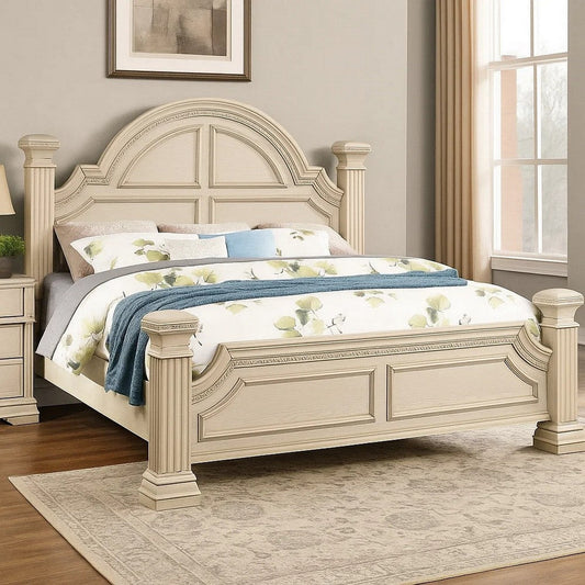 Akia Queen Bed | Antique White Solid Wood | Reeded Posts | Molded Trim