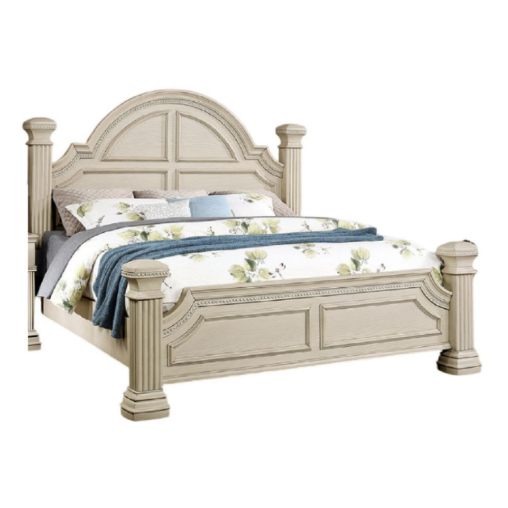 Akia Queen Bed | Antique White Solid Wood | Reeded Posts | Molded Trim BM342568