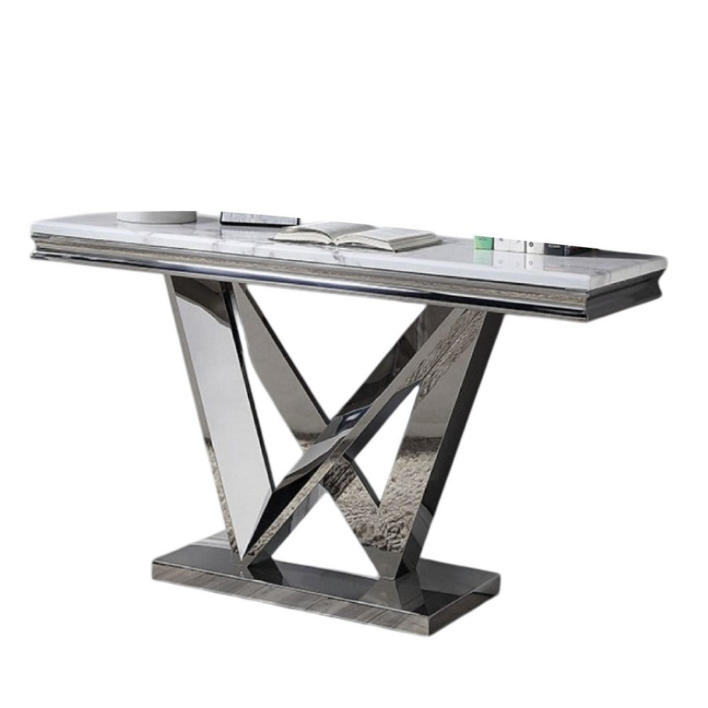 Vily Sofa Console Table | Beveled Faux Marble | Chrome Steel V-Base