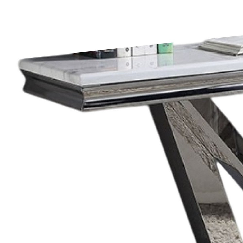 Vily Sofa Console Table | Beveled Faux Marble | Chrome Steel V-Base