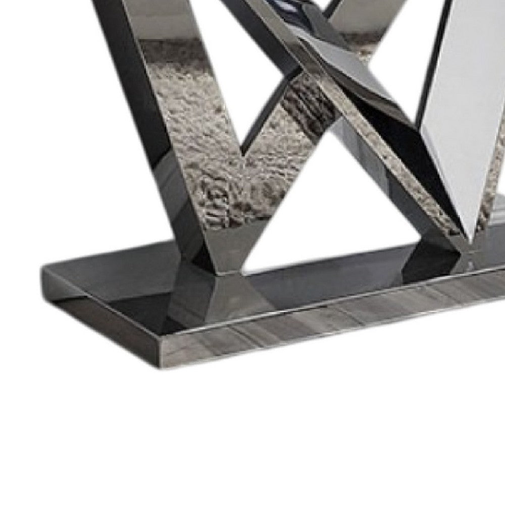 Vily Sofa Console Table | Beveled Faux Marble | Chrome Steel V-Base
