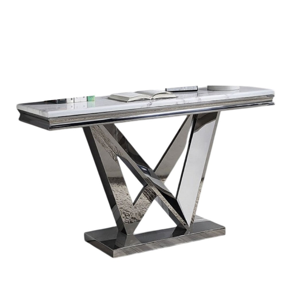 Vily Sofa Console Table | Beveled Faux Marble | Chrome Steel V-Base