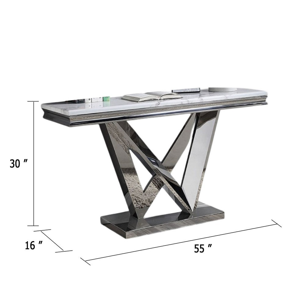 Vily Sofa Console Table | Beveled Faux Marble | Chrome Steel V-Base