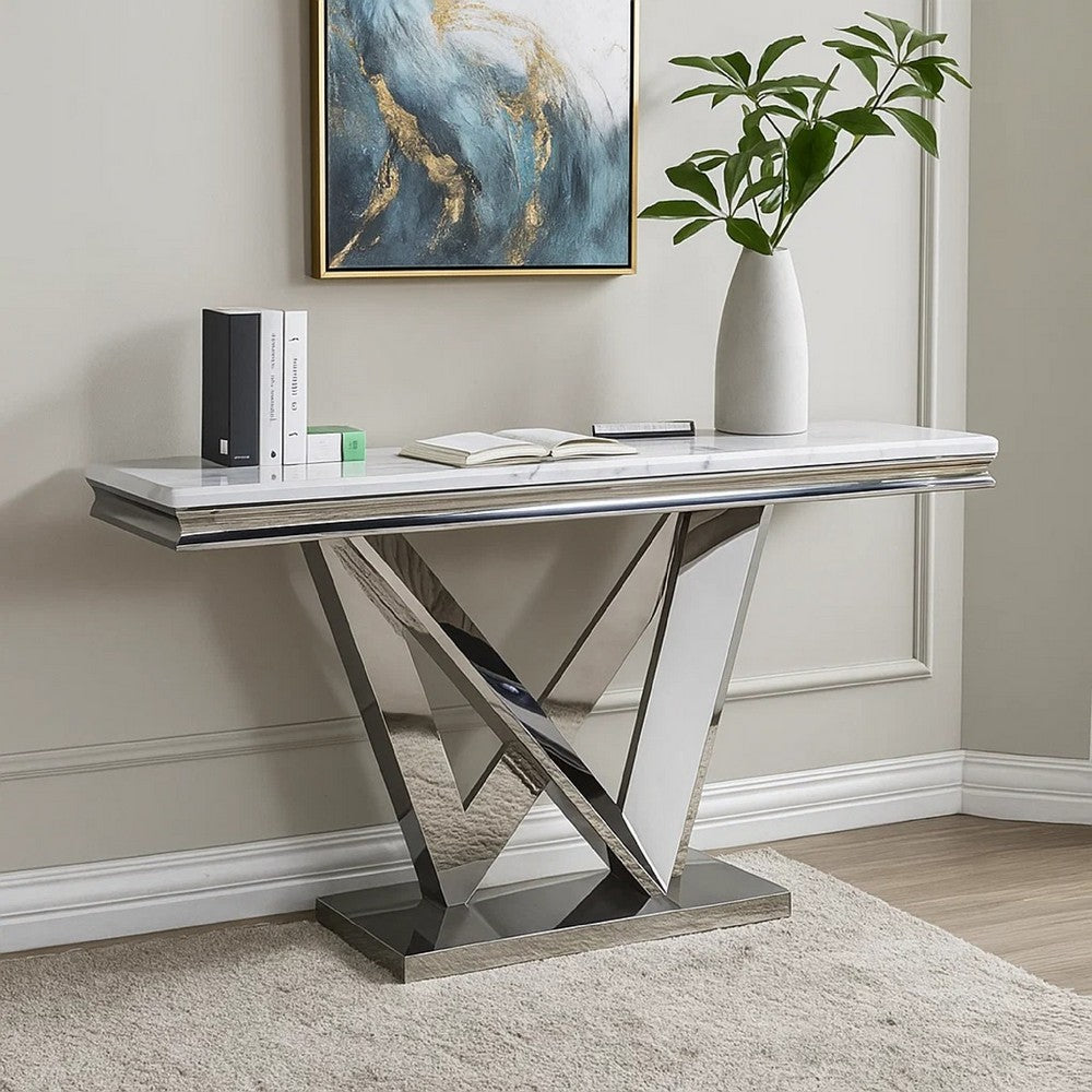 Vily Sofa Console Table | Beveled Faux Marble | Chrome Steel V-Base