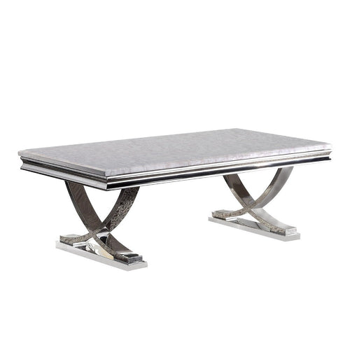 Wety Coffee Table |White Faux Marble Top | Chrome Pedestal Base | 51"