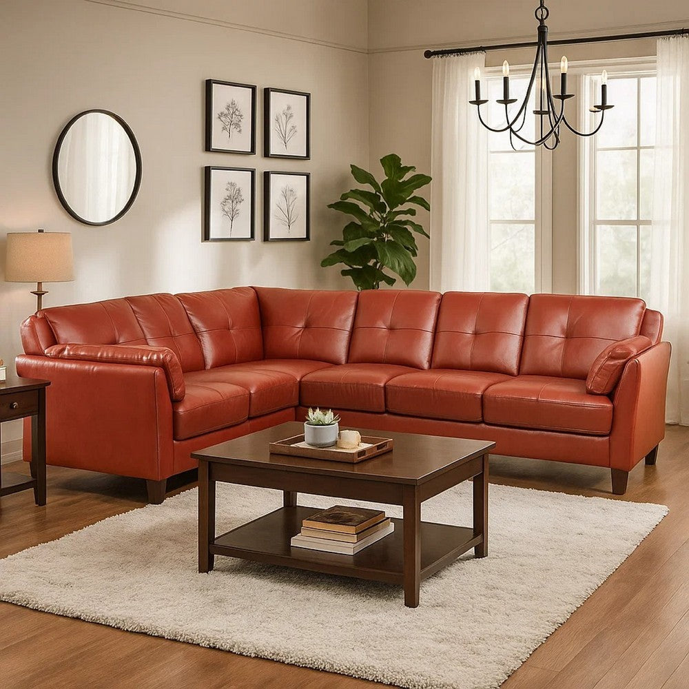 Penie Sectional Sofa | Flared Arms | Red Tufted Faux Leather | 104"