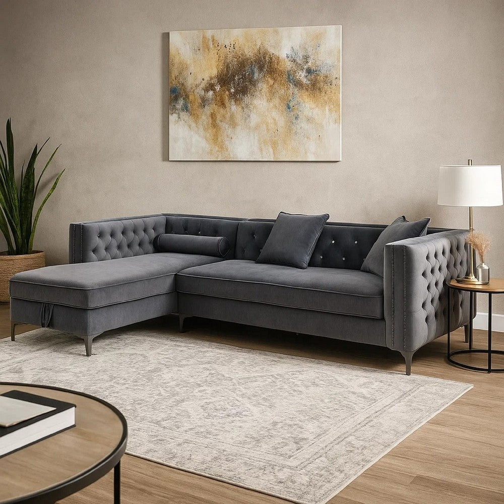 Amna Sectional Sofa | Storage Chaise | Gray Tufted Flannelette | 108"