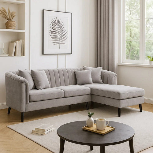 Willy L-Shaped Sectional | 4 Pillows | Gray Tufted Chenille | 99"