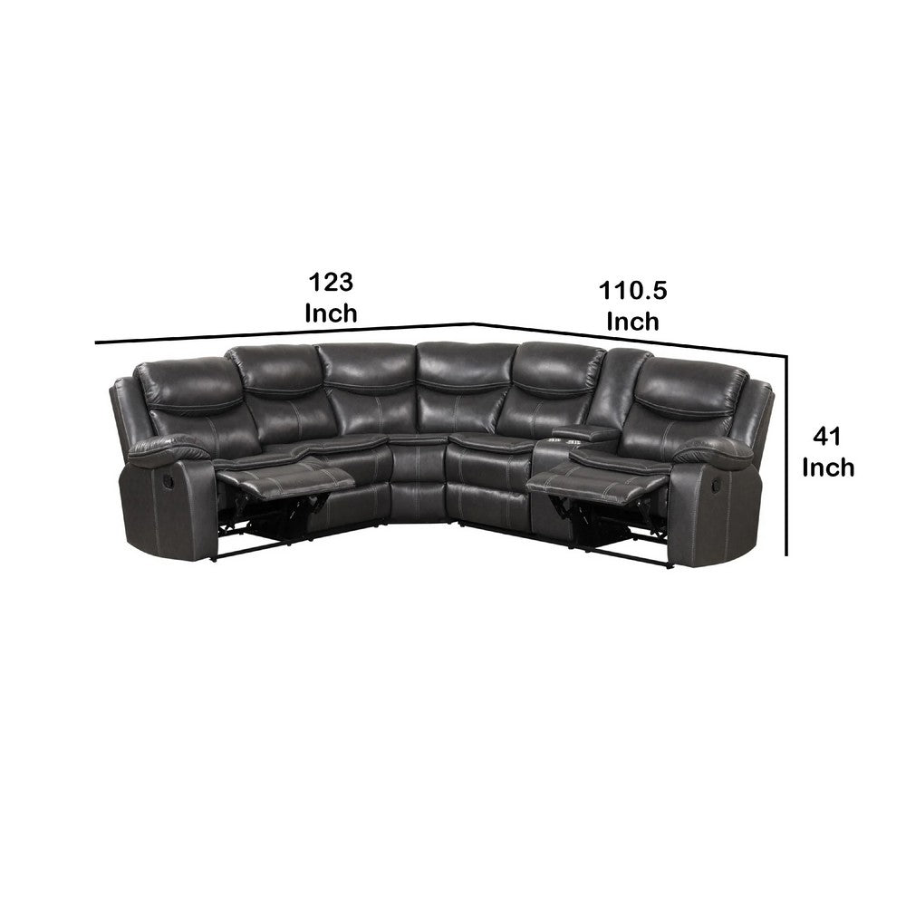 Polly Manual Recliner Sectional Sofa | Gray Faux Leather | 123"
