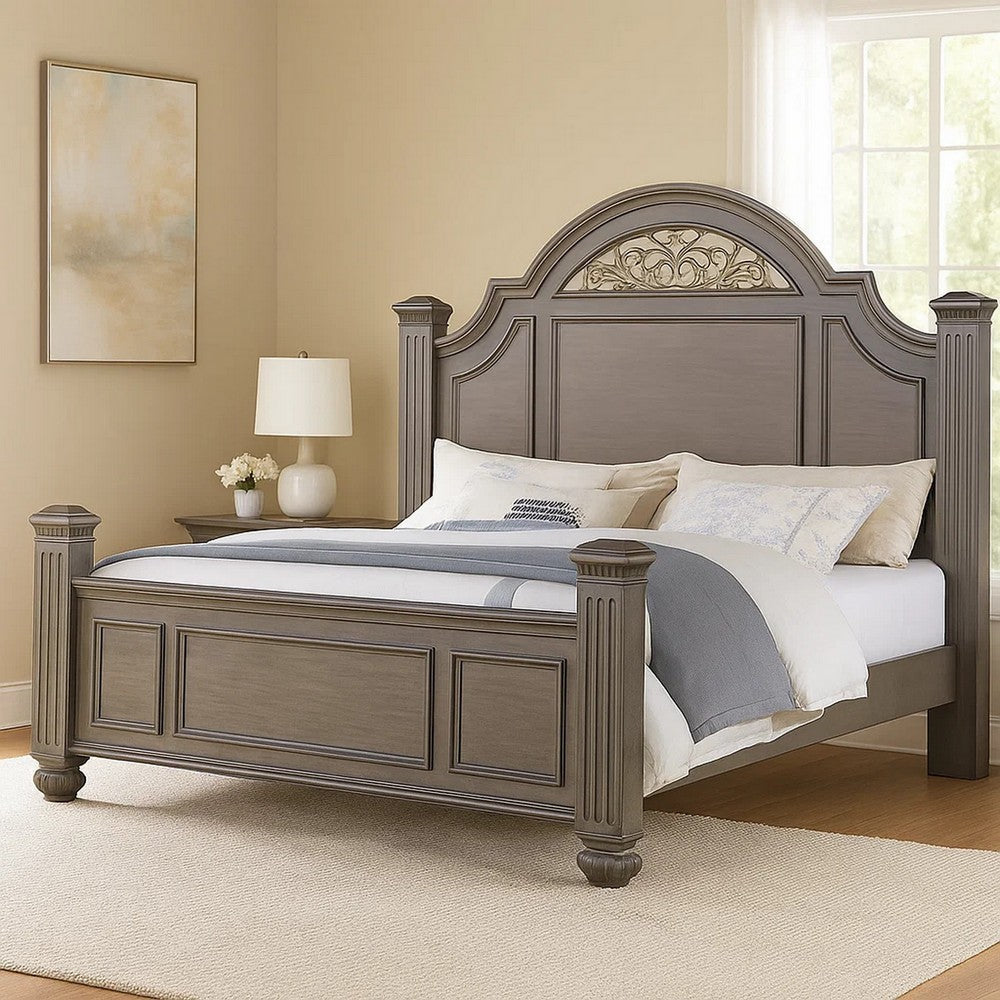 Recus King Bed | Carved Floral Details | Arched Headboard | Gray Wood