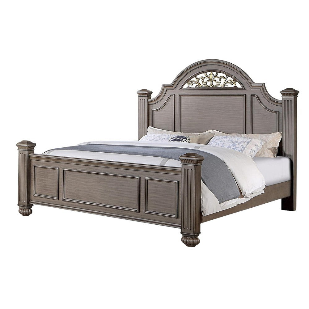 Recus King Bed | Carved Floral Details | Arched Headboard | Gray Wood BM342587