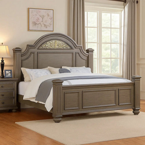 Recus Queen Bed | Carved Floral Details | Arched Headboard | Gray Wood
