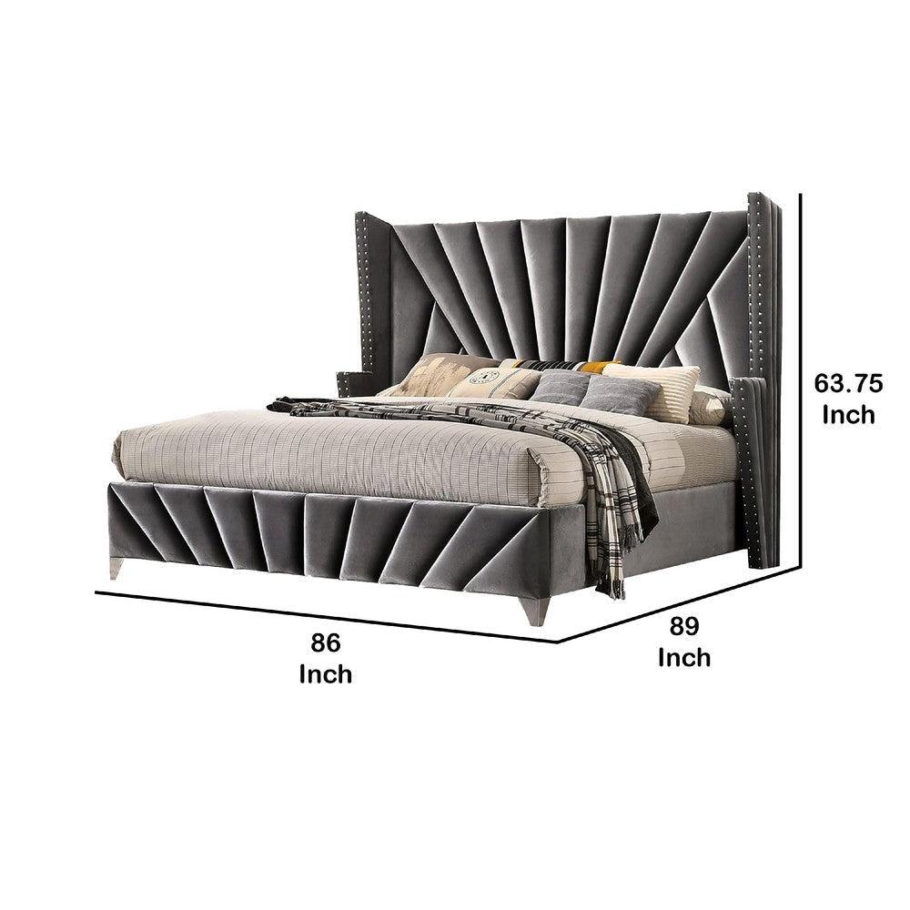 Ino Wingback King Bed | Nailhead Trim | Gray Tufted Velvet Upholstery BM342589