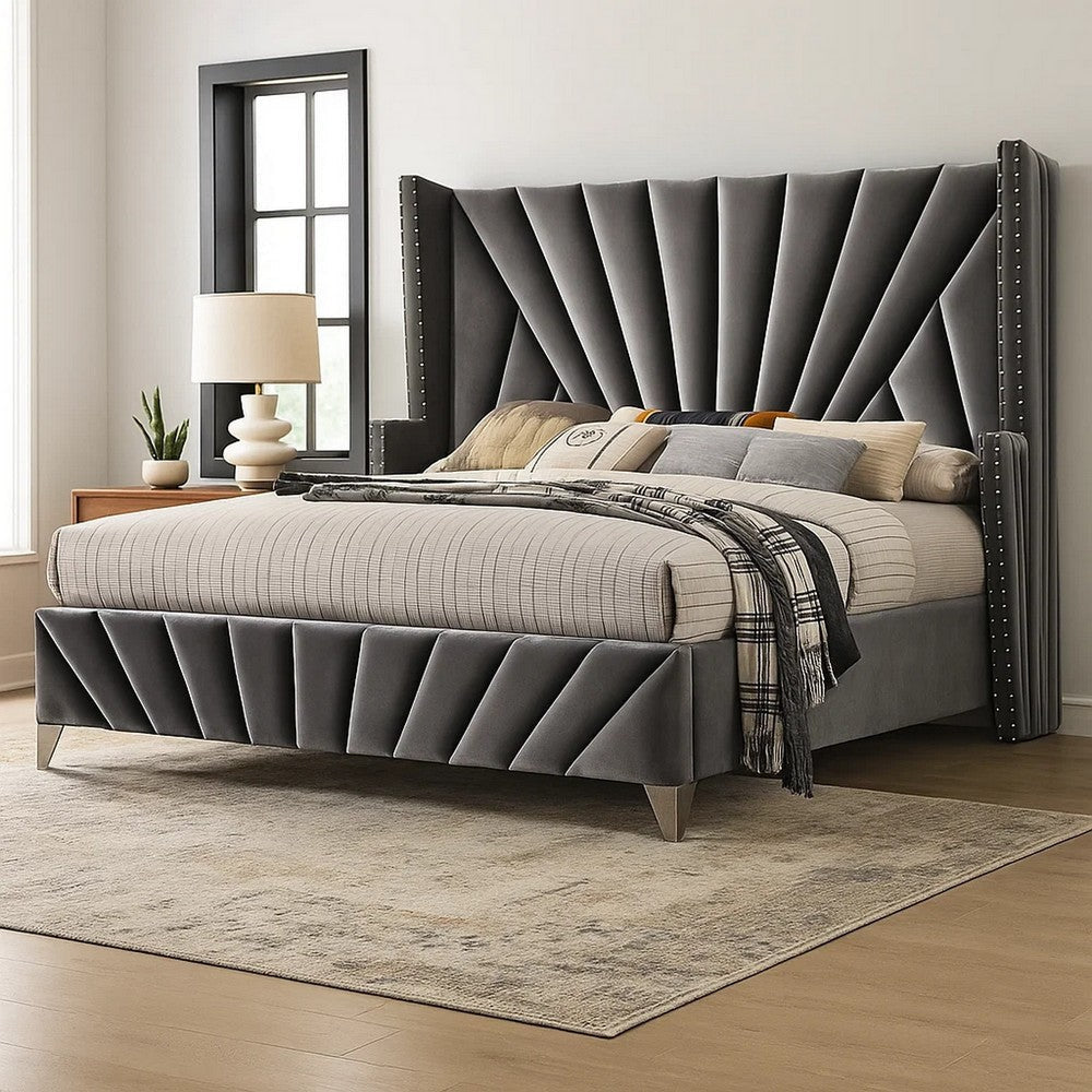 Ino Wingback King Bed | Nailhead Trim | Gray Tufted Velvet Upholstery BM342589