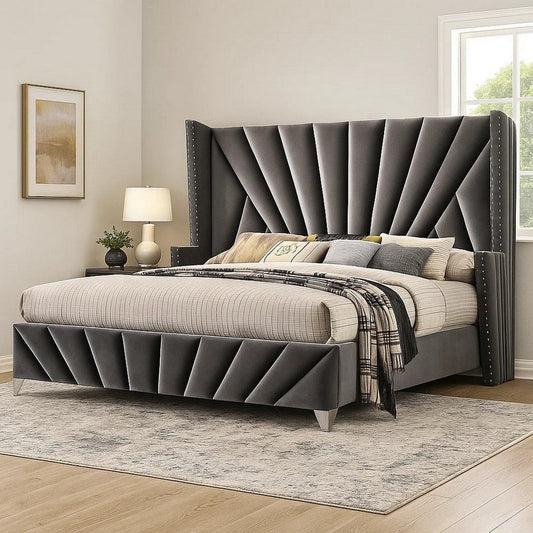 Ino Wingback King Bed | Nailhead Trim | Gray Tufted Velvet Upholstery