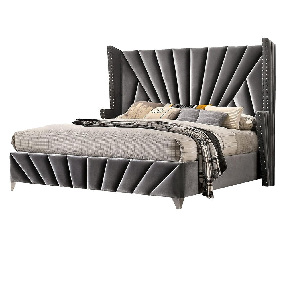 Ino Wingback King Bed | Nailhead Trim | Gray Tufted Velvet Upholstery BM342589