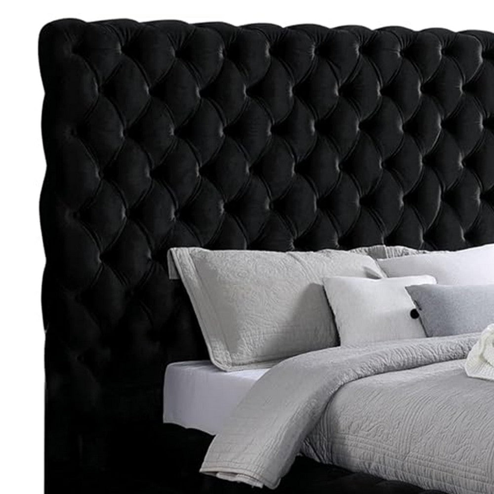 Steph Queen Bed | Black Button Tufted Flannelette Upholstery | XL Headboard BM342590